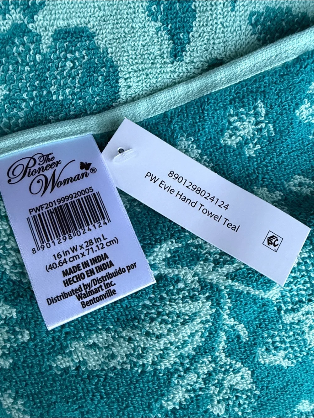 2 The Pioneer Woman Hand Towels Evie Teal Print Turquoise Floral Fringe Bathroom